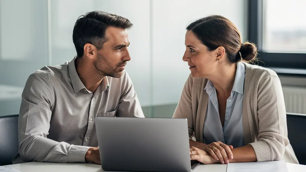 Deux collègues français discutant devant un ordinateur portable lors d'une réunion informelle