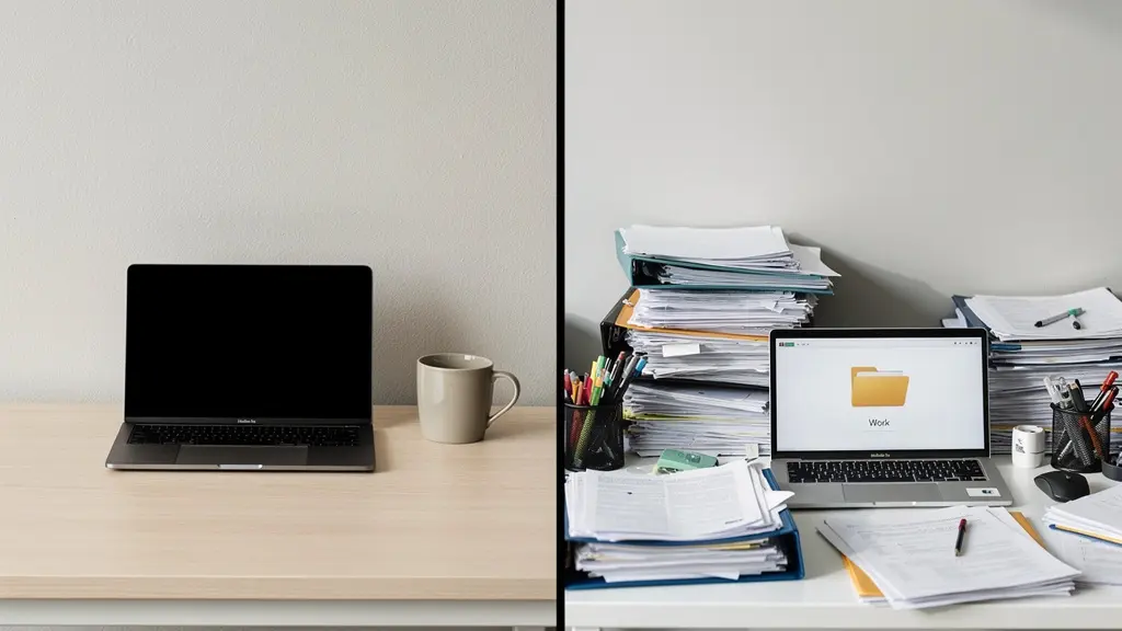 Comparaison visuelle entre un bureau administratif encombré et un espace de travail dématérialisé épuré